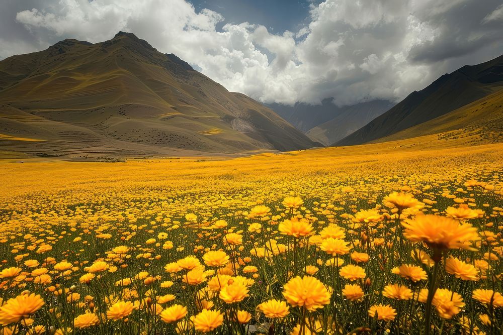 Yellow flower fields landscape grassland outdoors.