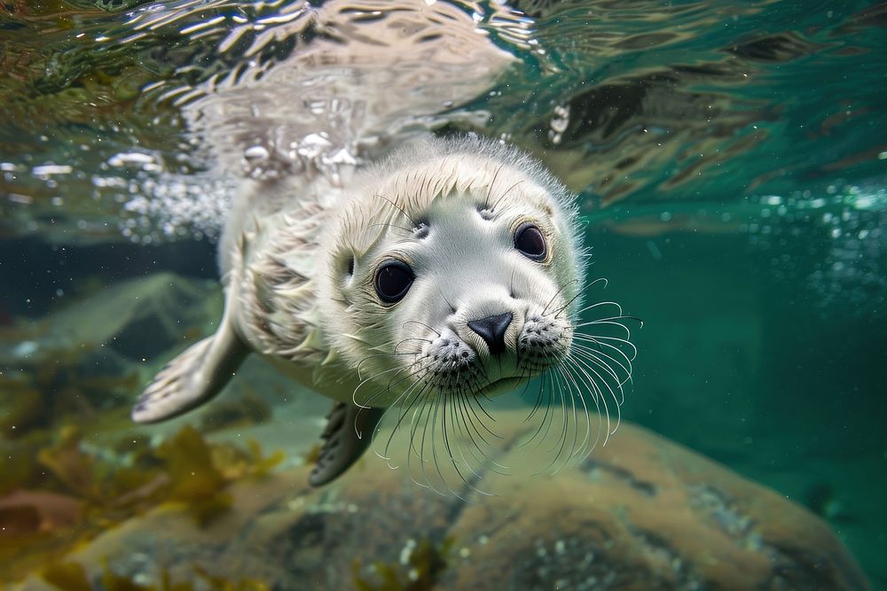 Baby arctic seal in the sea animal mammal fish.