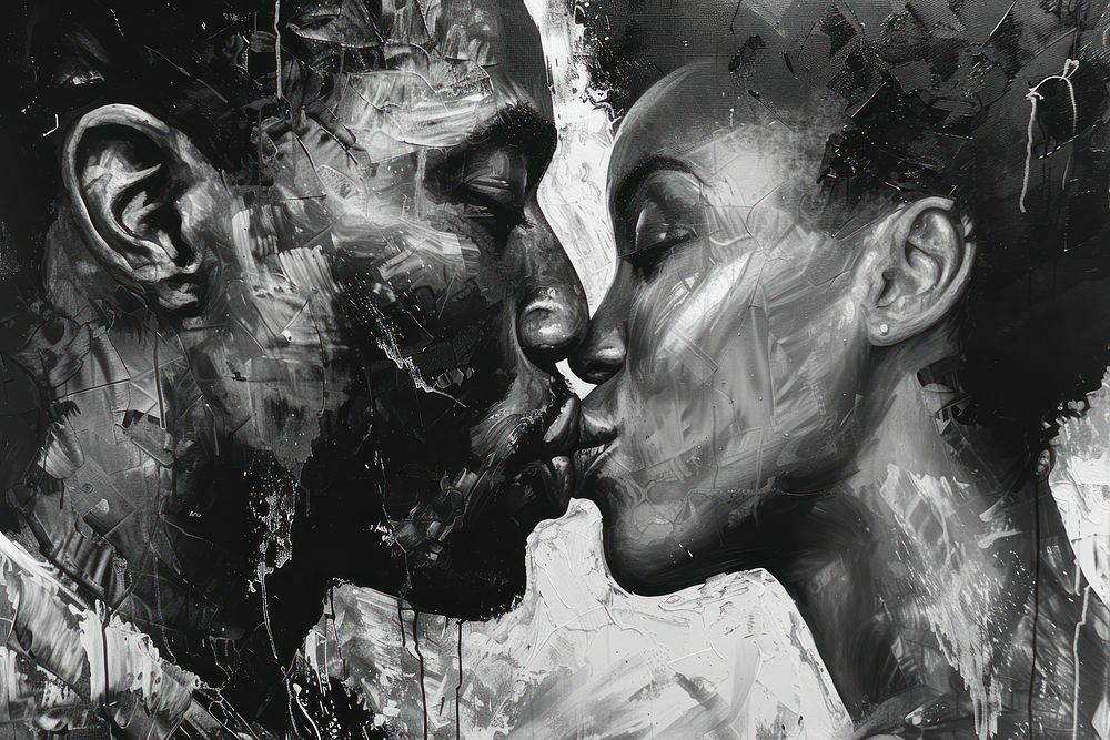 Black couple kiss portrait painting kissing.