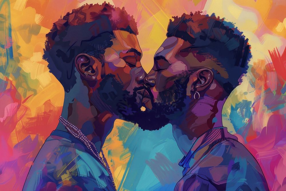 Black gay couple kiss painting adult art.