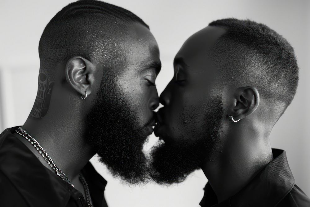 Black gay couple kiss portrait kissing adult.
