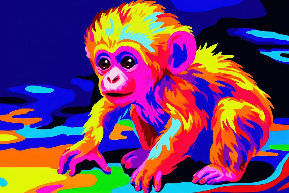 Black light oil painting baby monkey wildlife mammal animal.