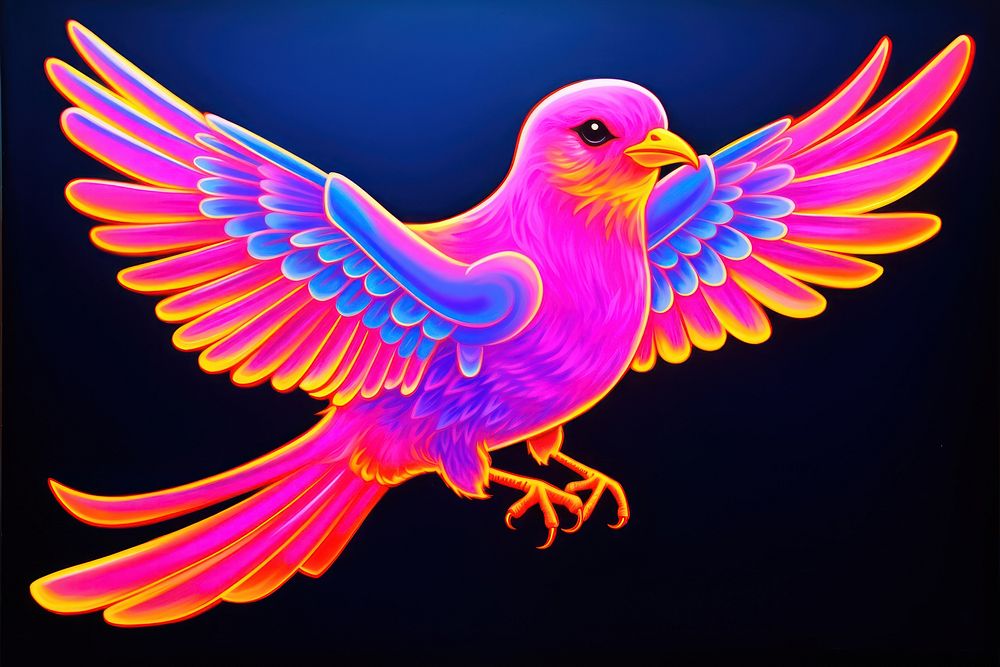 Black light oil painting of bird animal yellow purple.