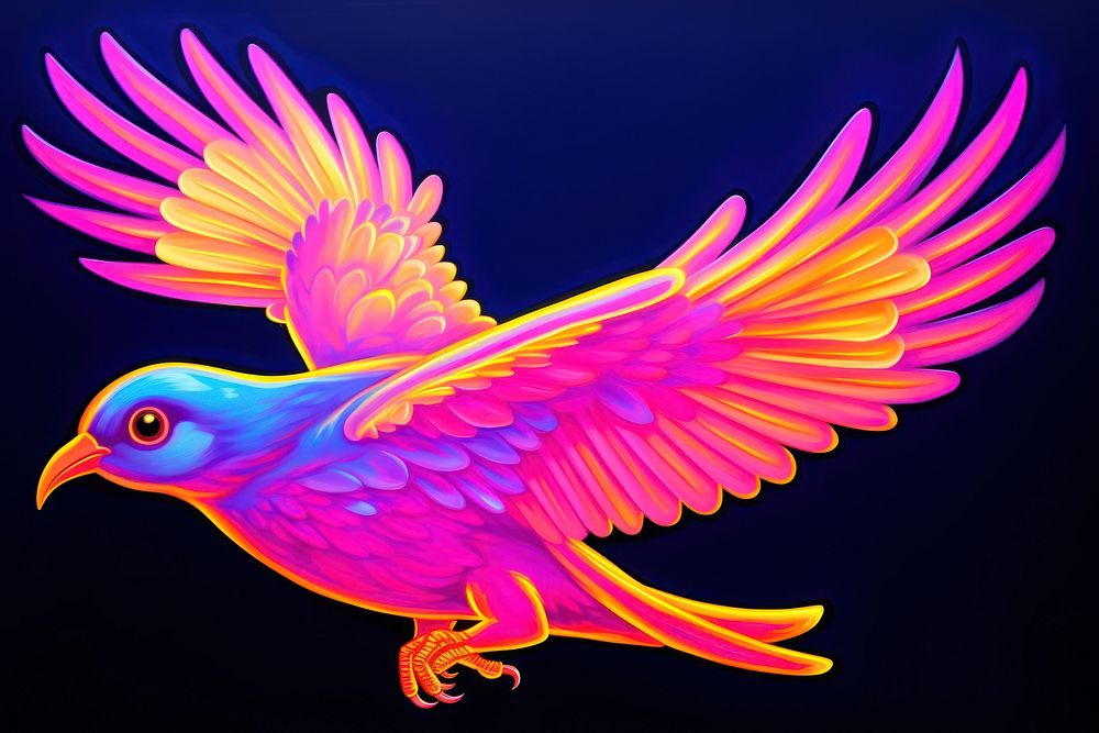 Black light oil painting of bird animal yellow purple.