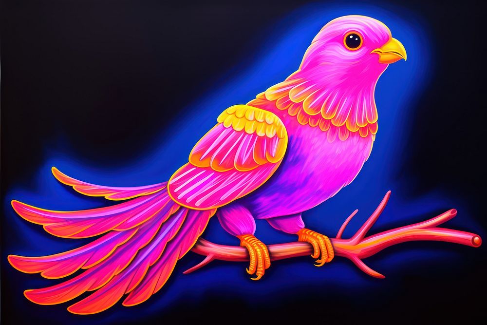 Black light oil painting of bird purple yellow animal.