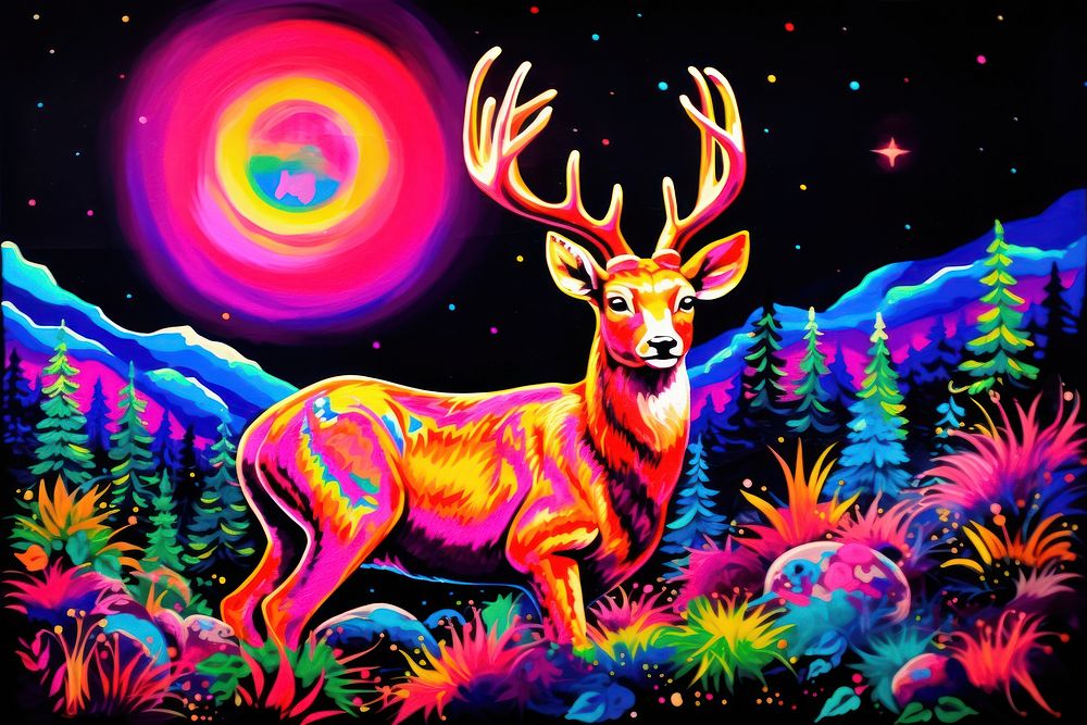 Black light oil painting of deer animal mammal representation.