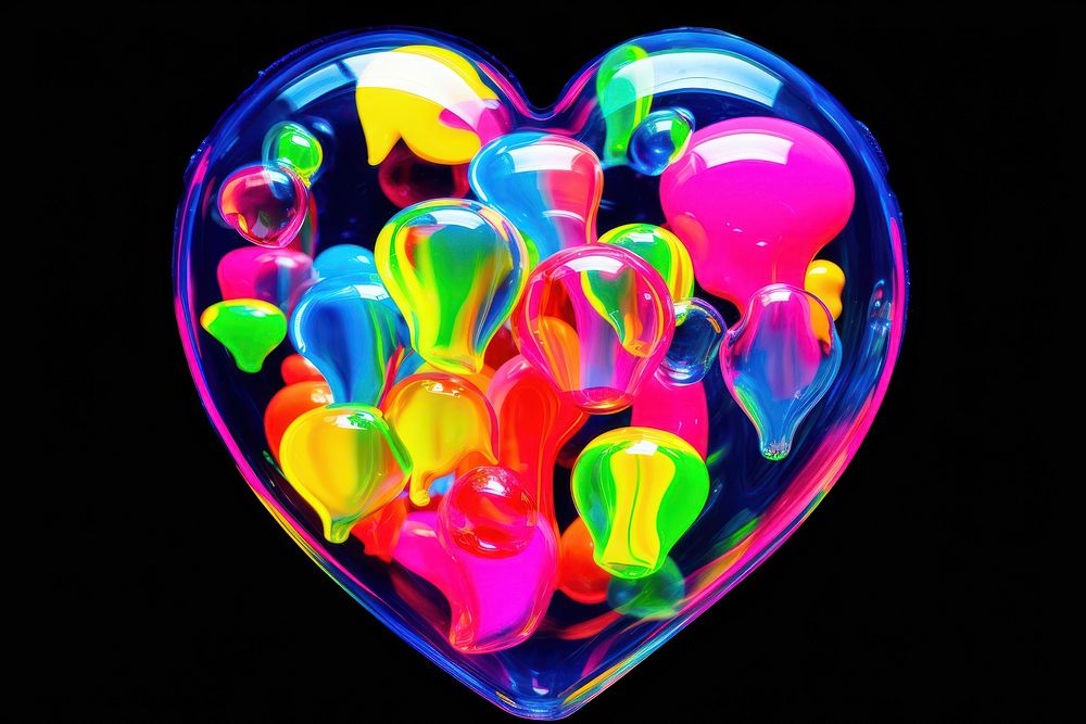 Black light oil painting of one bubble heart purple yellow.