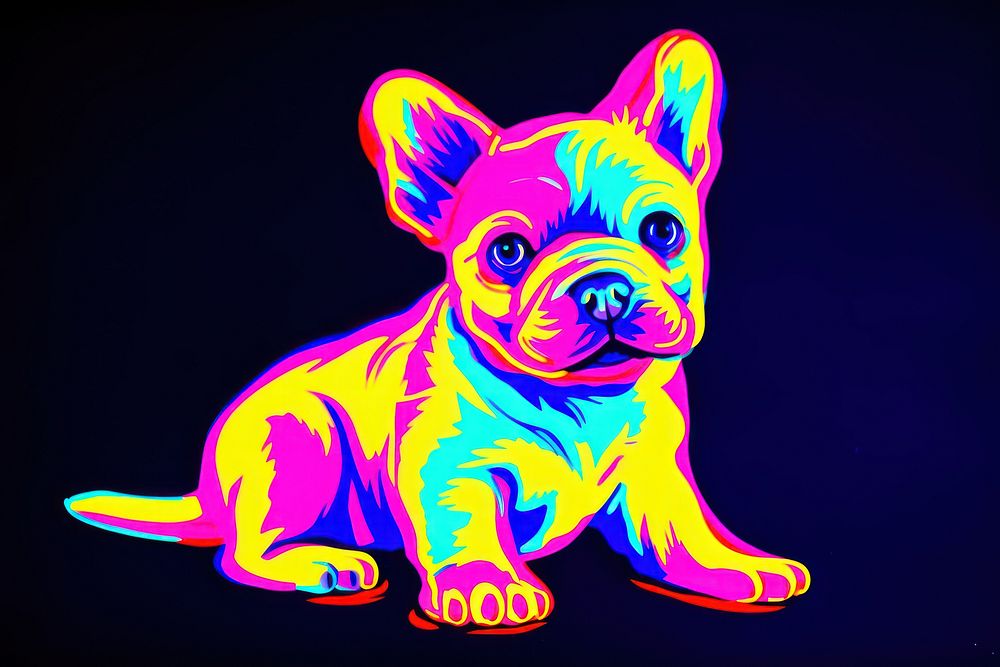 Black light oil painting of little Bulldog bulldog purple animal.