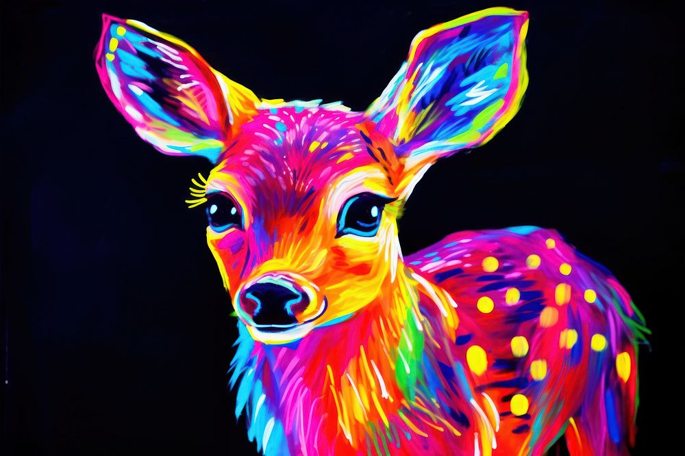 Black light oil painting of little deer animal mammal purple.