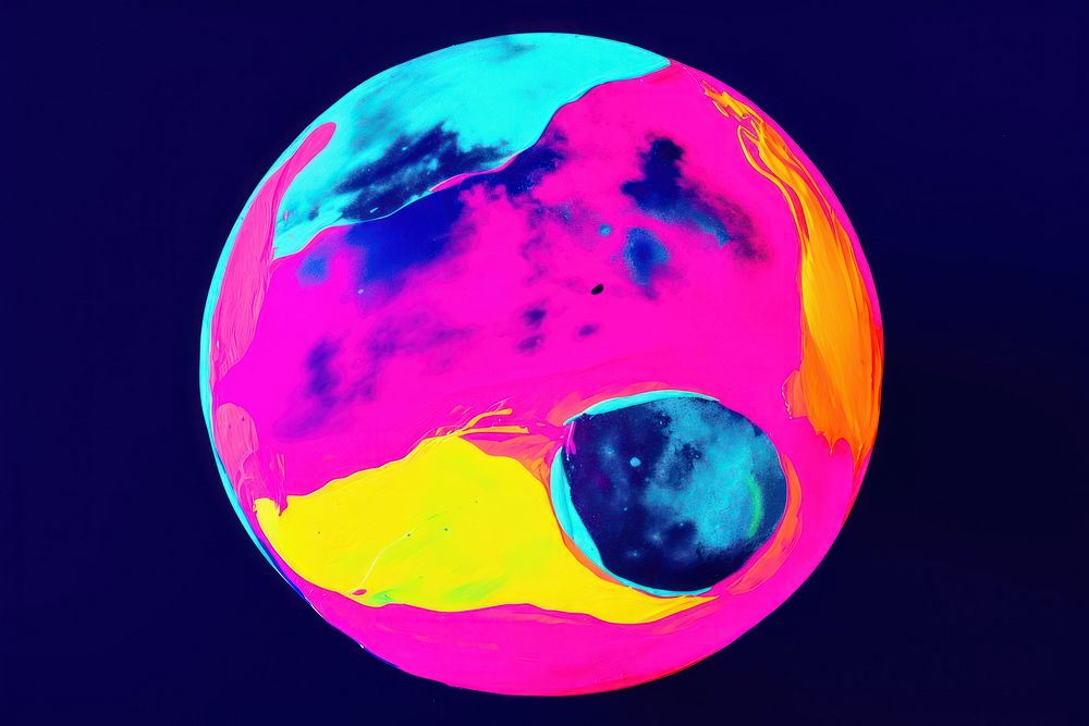 Black light oil painting of moon sphere purple planet.