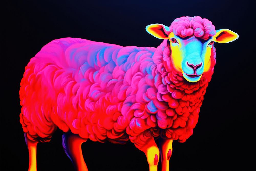 Black light oil painting of sheep livestock animal mammal.