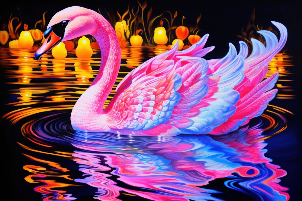 Black light oil painting of swan flamingo outdoors animal.