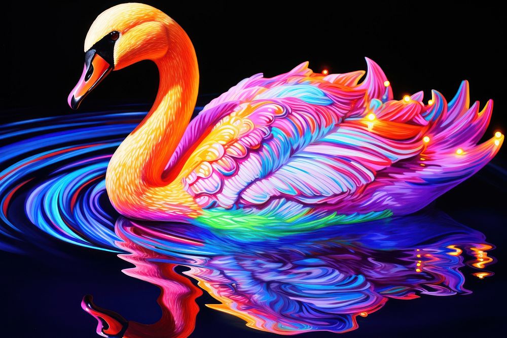 Black light oil painting of swan flamingo animal purple.