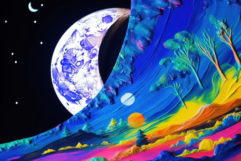 Black light oil painting of Quarter moon astronomy universe outdoors.