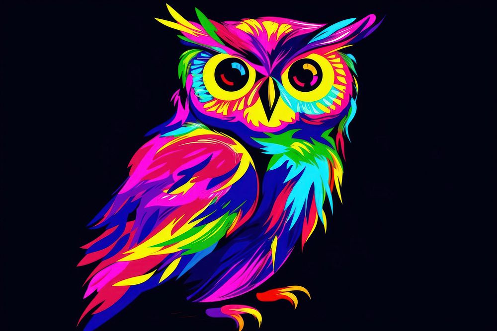 Black light oil painting owl purple pattern yellow.