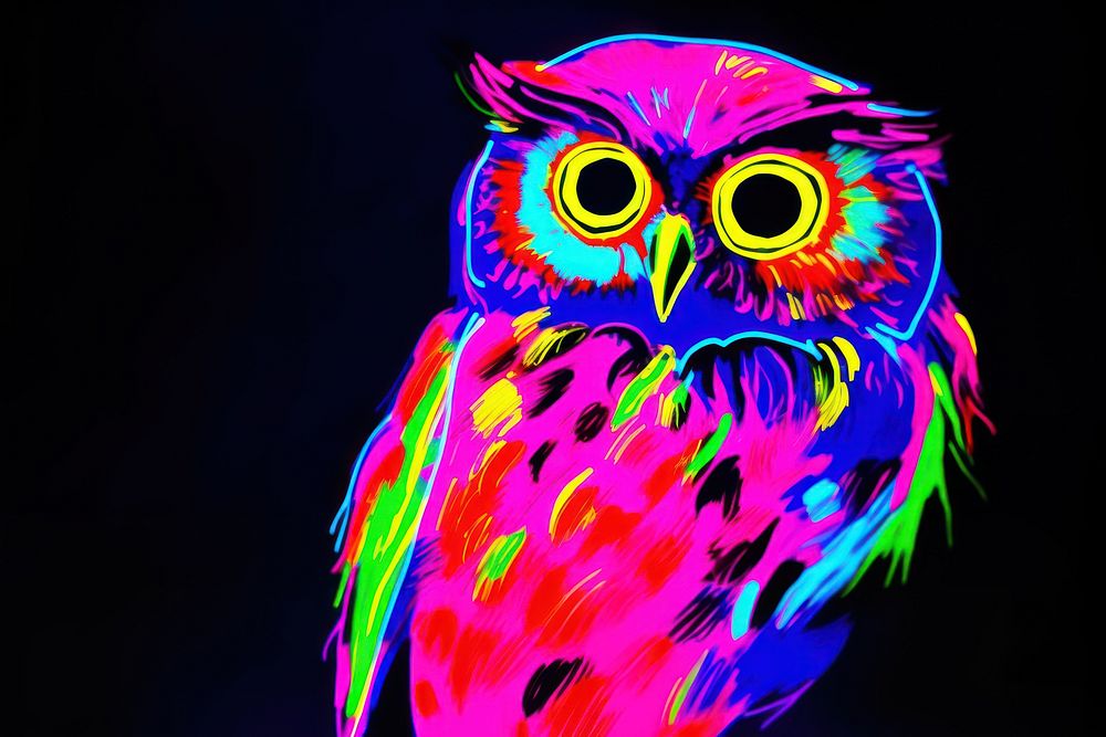 Black light oil painting owl purple pattern yellow.