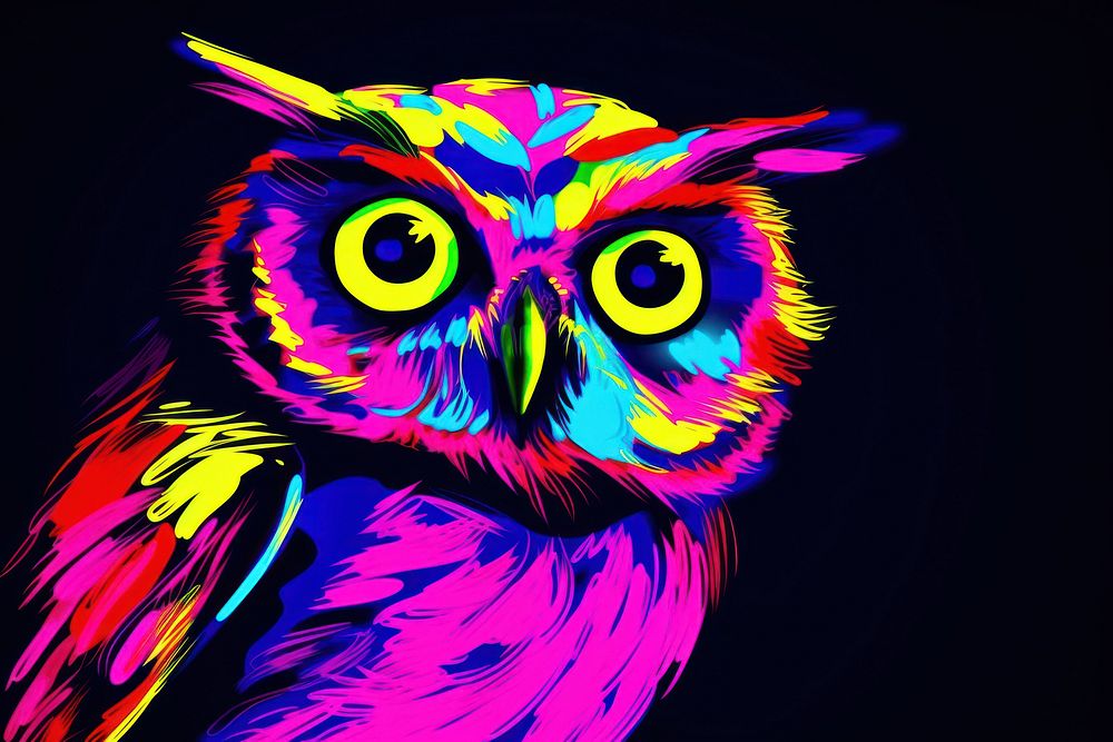Black light oil painting owl purple pattern animal.