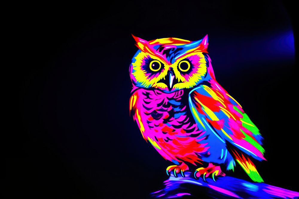 Black light oil painting owl purple animal yellow.