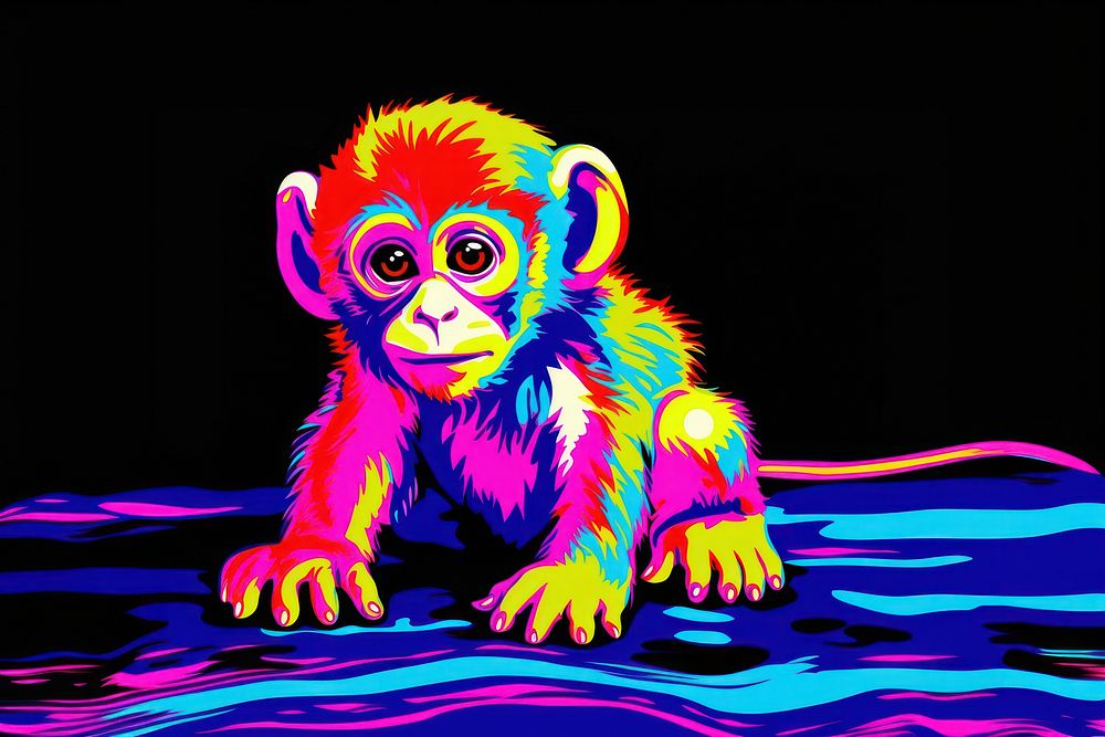 Black light oil painting monkey mammal animal yellow.