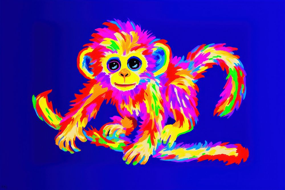 Black light oil painting monkey mammal animal yellow.