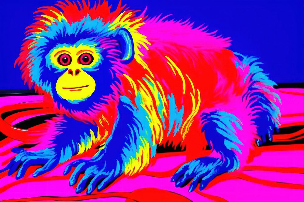 Black light oil painting monkey yellow purple mammal.