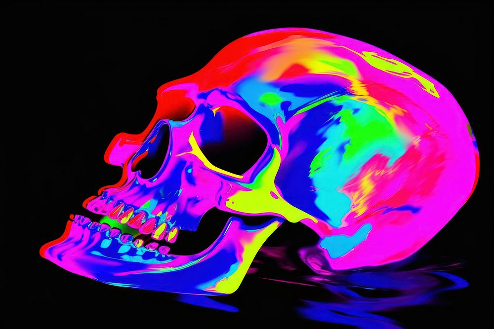 Black light oil painting skull purple blue red.
