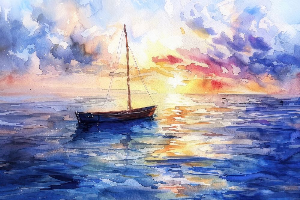 Calm sea watercolor sailboat painting outdoors.