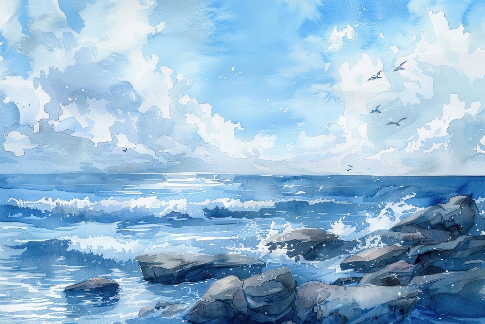 Calm sea watercolor outdoors painting nature.