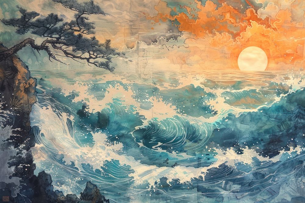 Chinese style painting of the sea outdoors nature ocean.
