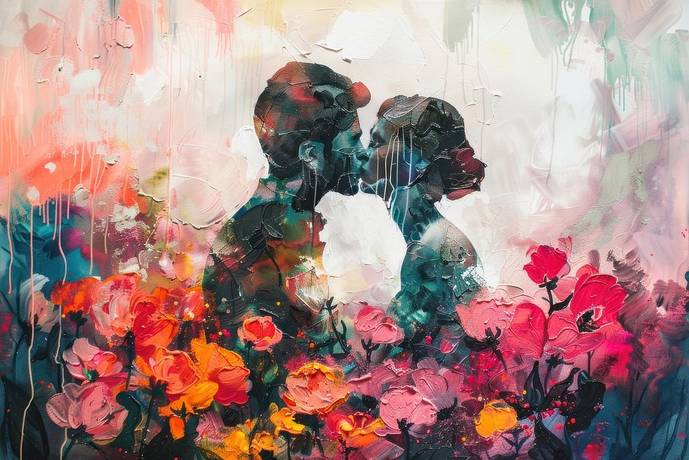 Couple kissing painting flower plant.