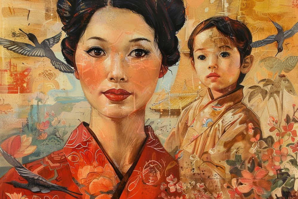 East asian mother portrait painting adult.