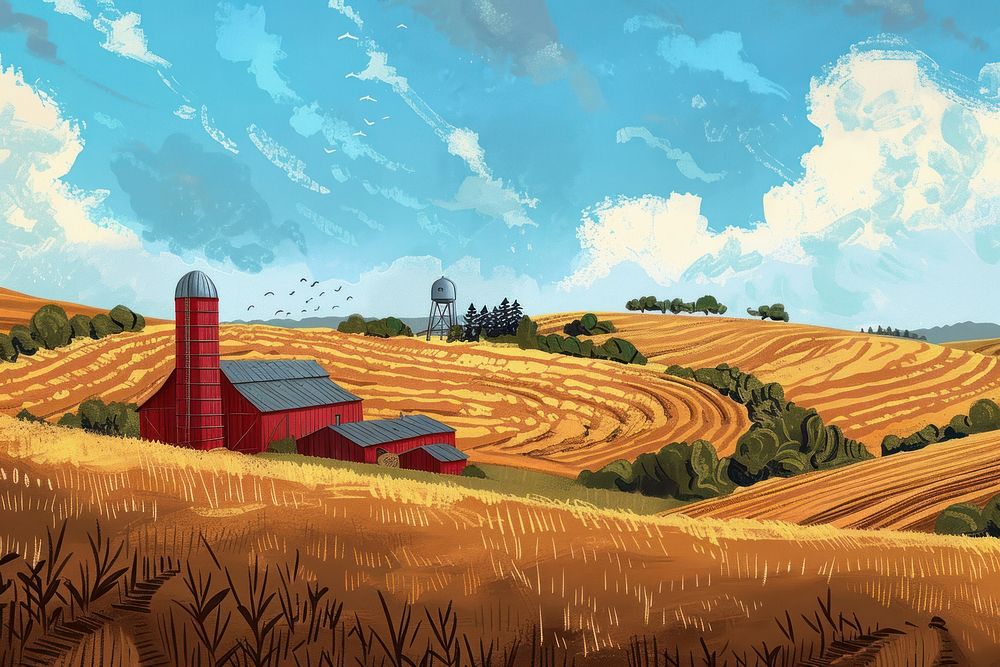 Farmland illustration architecture agriculture landscape.