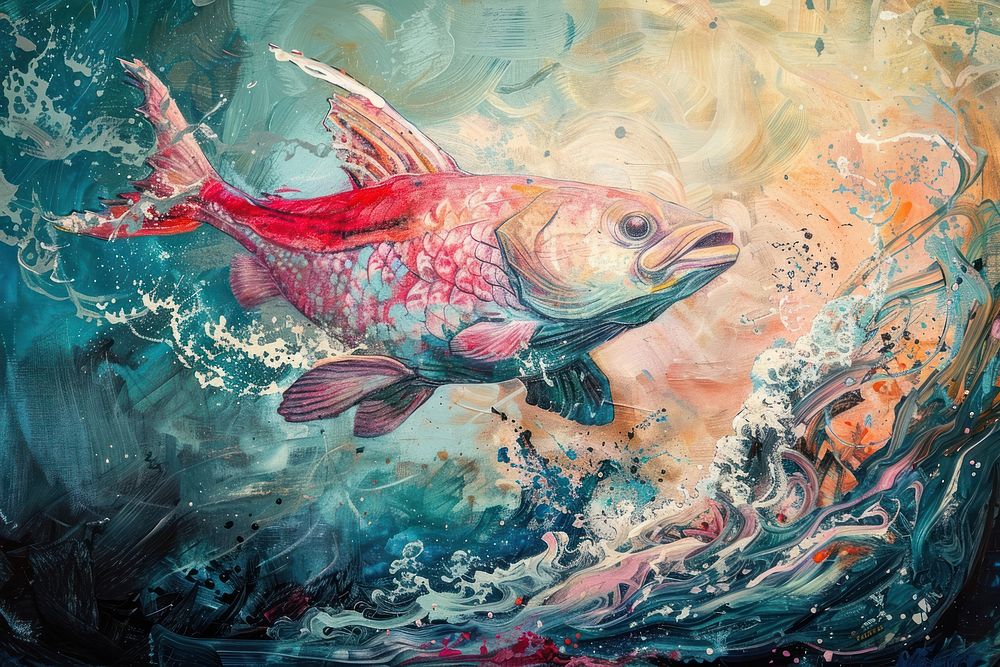 Fish jumping from the sea painting animal carp.