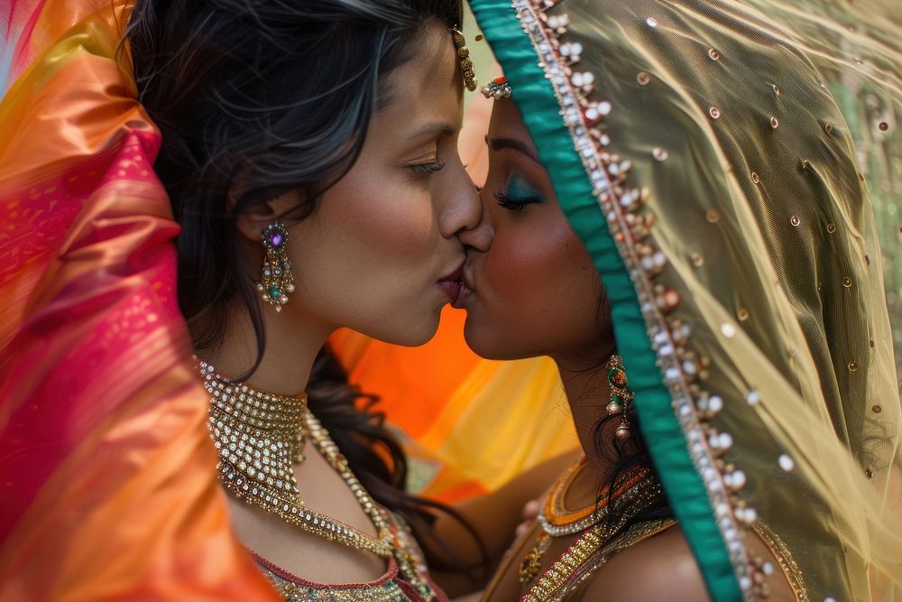 Indian lesbian couple kiss portrait jewelry wedding.