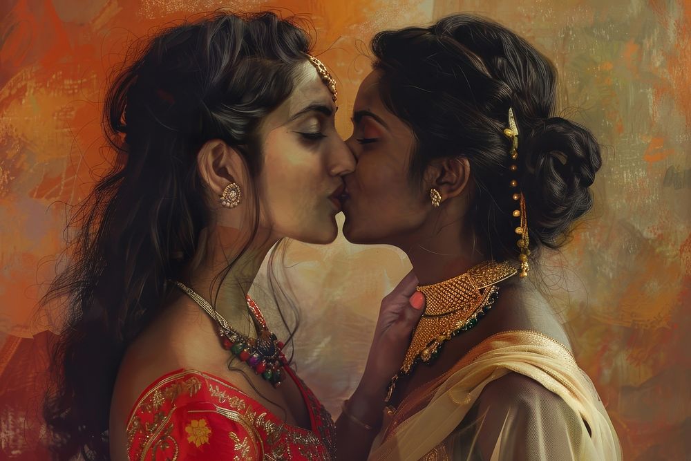 Indian lesbian couple kiss necklace portrait jewelry.
