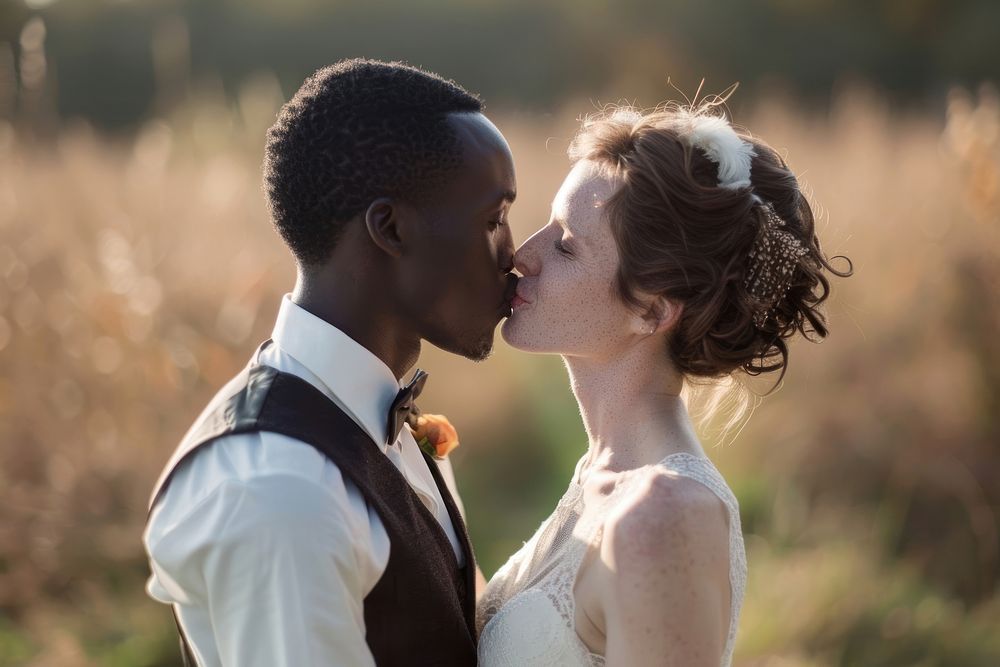 Interracial couple kiss portrait kissing wedding.