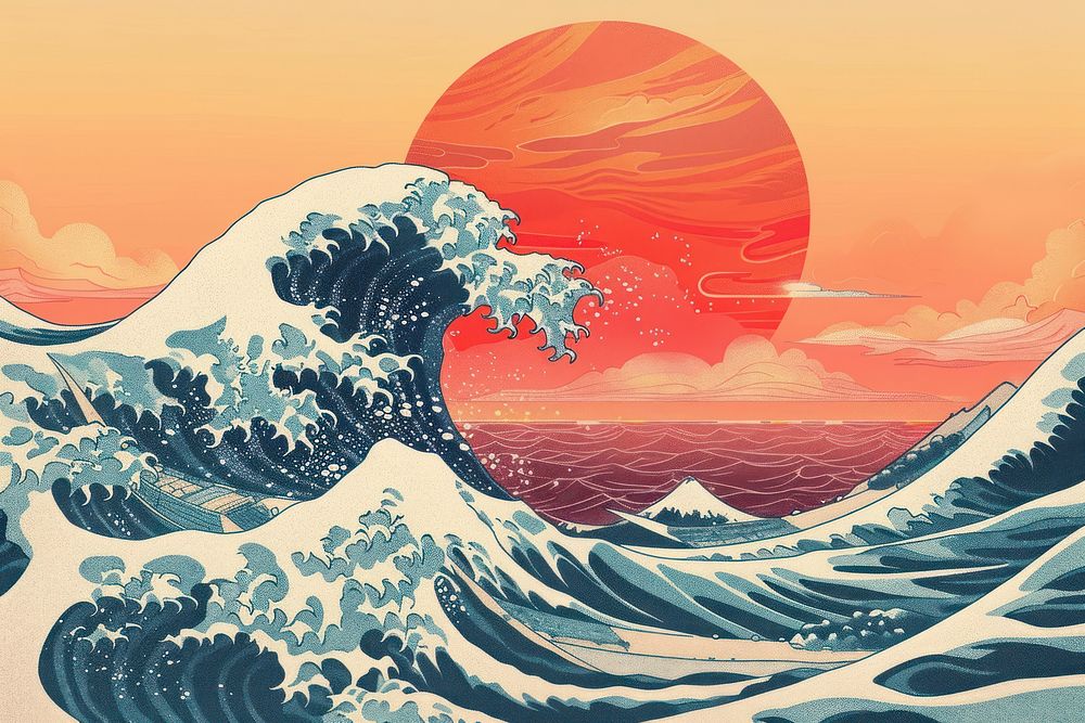 Japanese waves illustration nature ocean sea.
