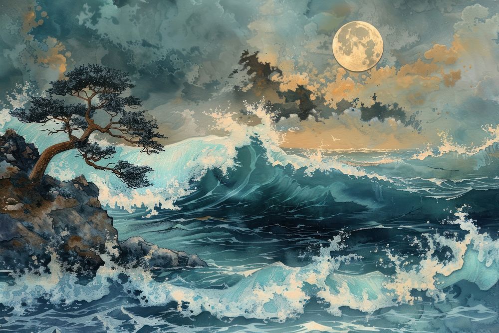 Japanese style painting of the sea outdoors nature ocean.