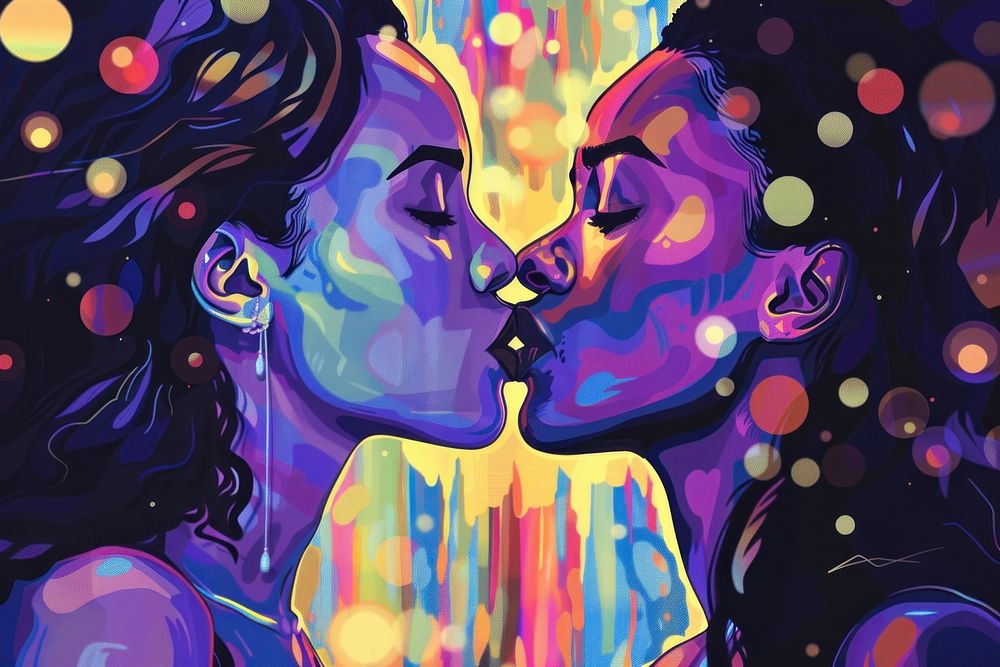 Lesbian black couple kiss painting purple art.