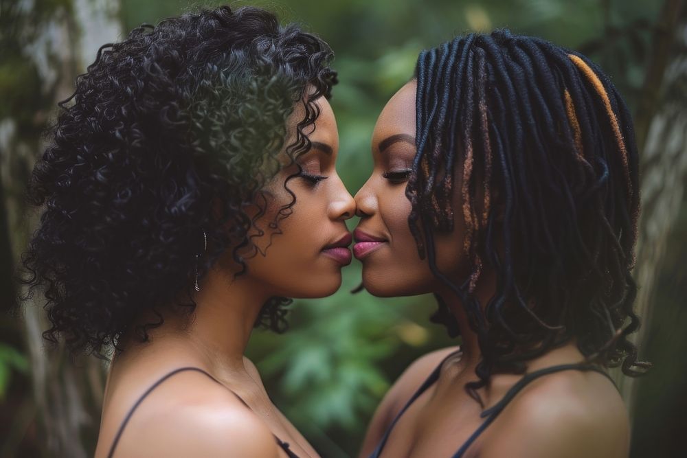 Lesbian black couple kiss portrait kissing adult.