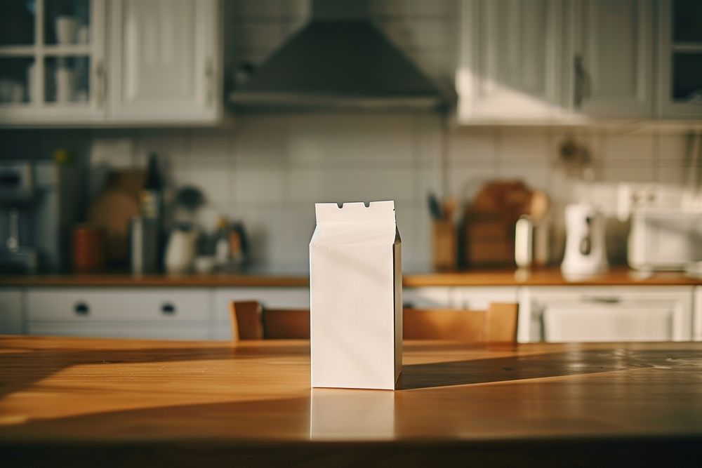 Milk carton kitchen table refrigerator.