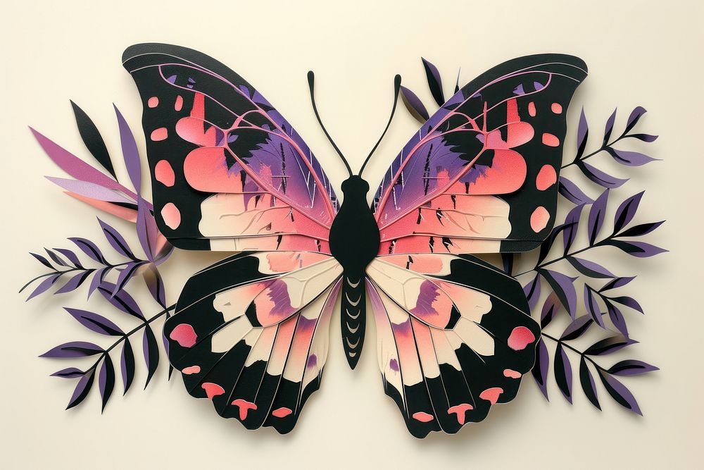 Cut paper collage with butterfly art insect purple.