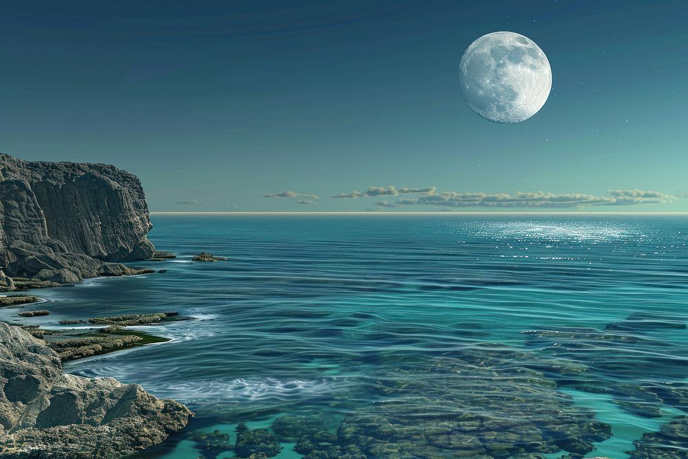Moon above the sea realistic landscape astronomy outdoors.