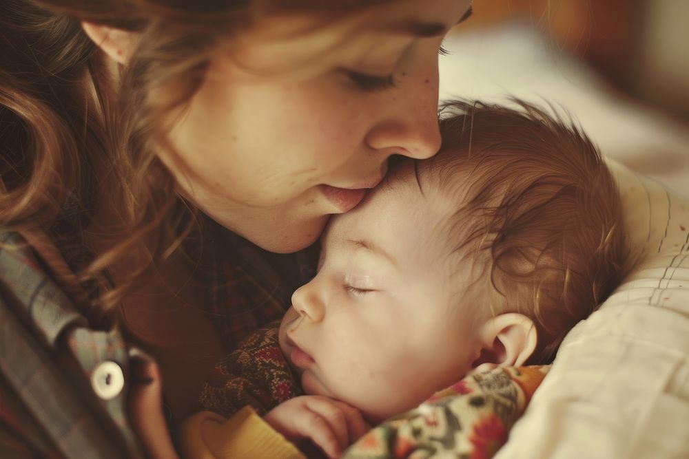 Modern mom portrait newborn kissing.