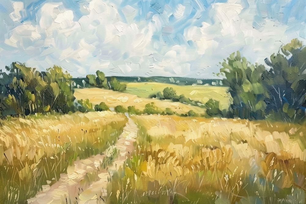 Painting of a field landscape grassland outdoors.