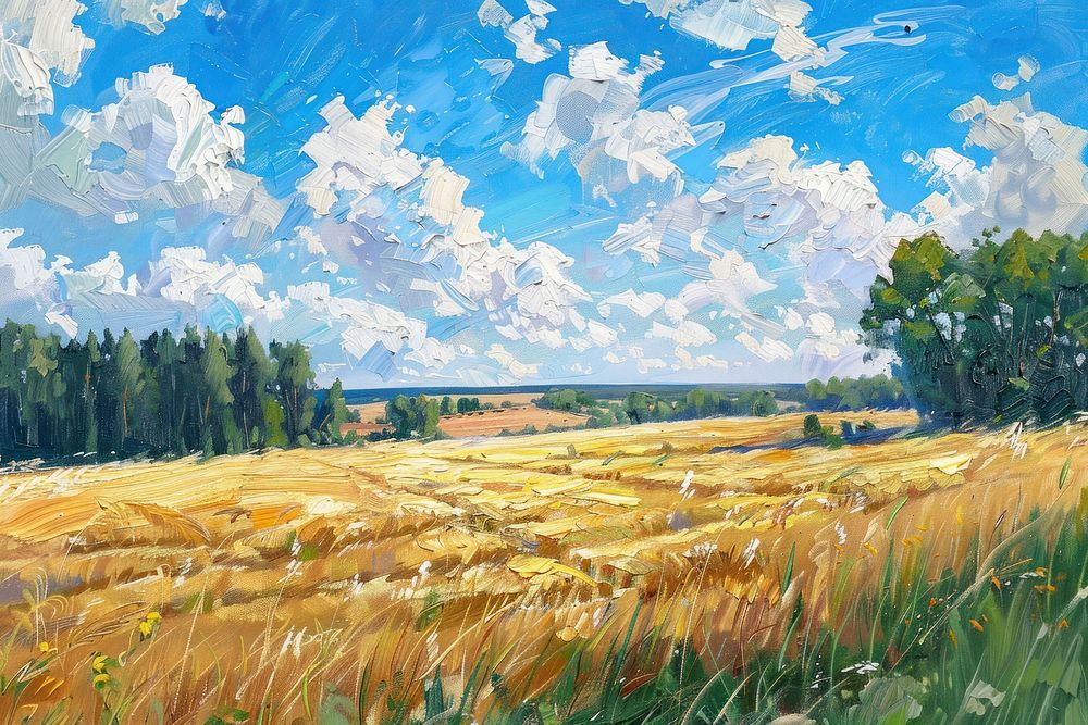 Painting of a field agriculture landscape outdoors.
