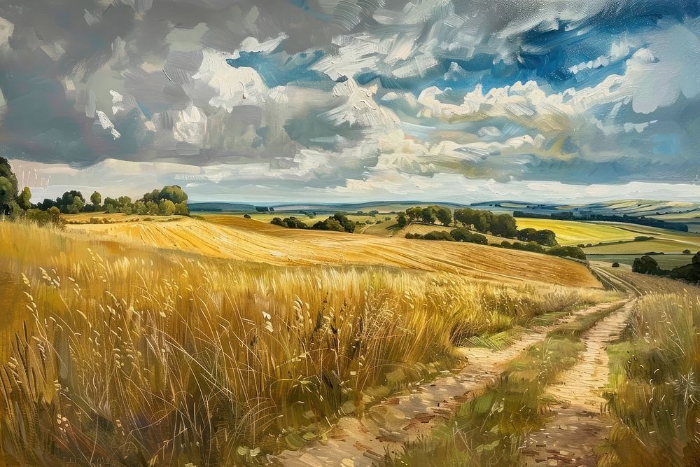 Painting of a field landscape grassland panoramic.