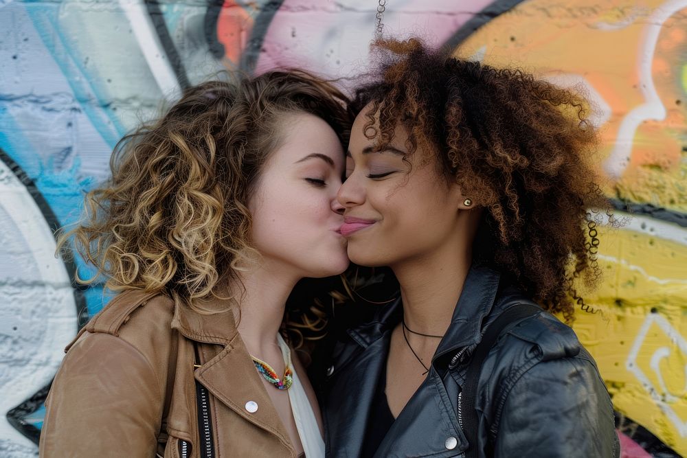 Queer couple cheek kiss portrait kissing adult.
