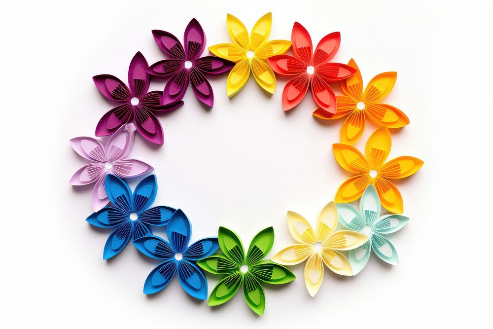 Rainbow flower floral border plant white background origami paper.
