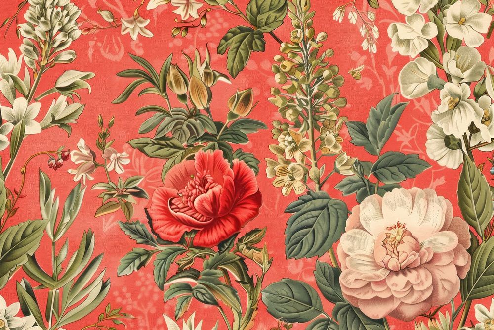 Red vintage illustration botanical wallpaper background backgrounds tapestry pattern.
